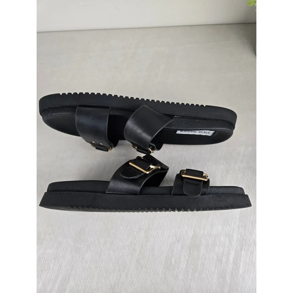 Steve Madden Hanni Black Platform Slide Sandals Gold Buckle Womens 8.5M - Picture 8 of 12